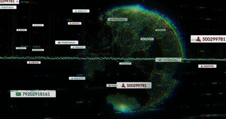 Digital data and user ID image over world map with glitch effect. Technology, cybersecurity,...