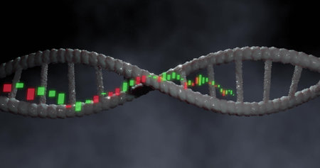 Image of digital data processing over dna strand spinning. Global science, connections, computing and data processing concept digitally generated image.の写真素材