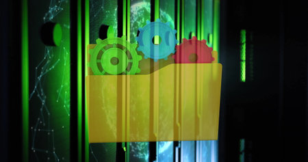 Folder with colorful gears image over data processing servers. Technology, visuals, digital, software, hardware, machineryの写真素材