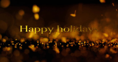Happy holidays text image over golden sparkling background. Celebration, festive, greeting, joyful, merry, sparkleの写真素材