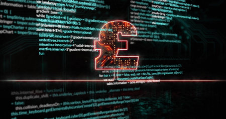 Pound currency symbol with circuit board image over programming code background. Finance, technology, digital, innovation, financial, dataの写真素材
