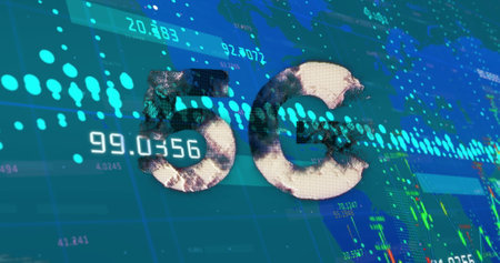 Image of 5g text over world map and data processing. Social media, business and digital interface concept digitally generated image.の写真素材
