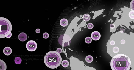 5G and 4G symbols over digital image of world map. Technology, connectivity, network, communication,...