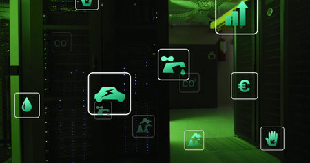 Image of eco icons and digital data processing over computer servers. Global connections, computing...