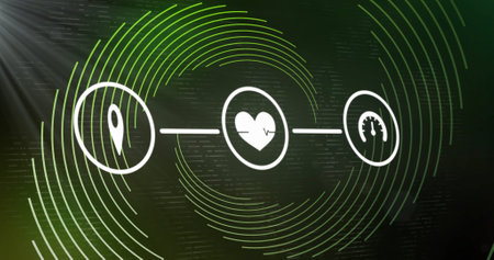 Location, heart rate, and speed icons connected over green circular patterns image. technology, innovation, connectivity, data, digital, interfaceの写真素材