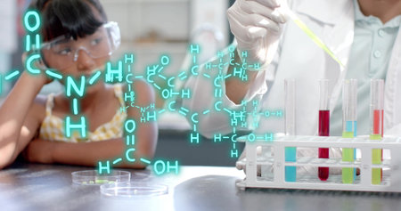 Chemical formula and molecular structure image over scientists working in laboratory. science,...