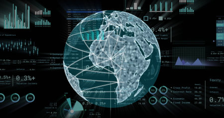 Global network connections and financial data processing image over digital globe. Technology, connectivity, finance, communication, futuristic, cybersecurityの写真素材