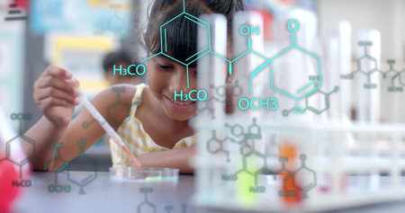 Using pipette in science experiment, girl surrounded by chemical structure image. laboratory, chemistry, laboratory equipment, research, technology, innovationの写真素材