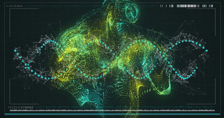 Abstract human figure and DNA strands, scientific data processing image. Science, technology,...