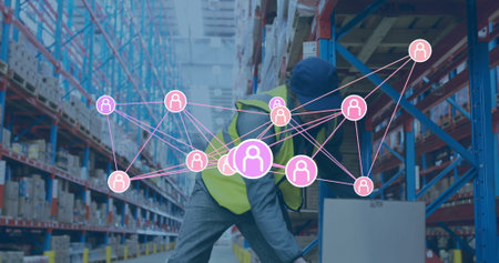Network of connections image over worker organizing boxes in warehouse. Logistics, shipping,...