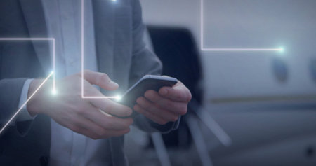 Holding smartphone, person interacting with digital interface image. Technology, touchscreen,...
