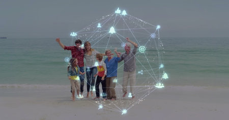 Network of connections and data processing image over family enjoying beach. Technology, digital, outdoors, vacation, bonding, recreationの写真素材