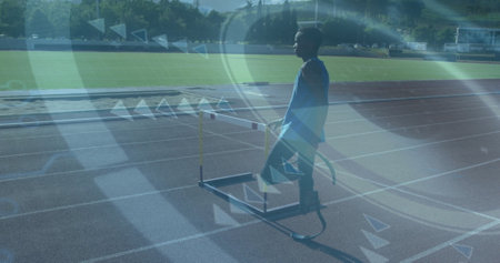 Athlete with prosthetic leg on track, training image over geometric shapes. running, competition,...