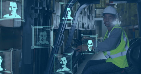 Facial recognition image over warehouse worker operating forklift. Technology, logistics, security,...