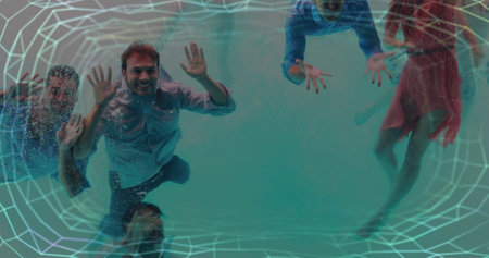 People swimming underwater with geometric grid image over scene. digital art, abstract, technology,...