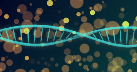 Image of spots and shapes over dna strand. Global science, technology and digital interface concept...