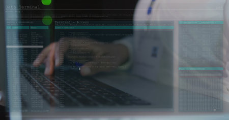 Image of data processing over african american man using laptop. Global finance, business,...