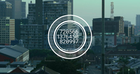 Image of data processing in circle over cityscape. Global technology and digital interface concept digitally generated image.の写真素材