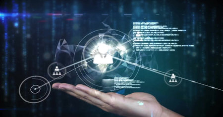 Image of network of connections with icons over hand with globe and data processing. Global business...