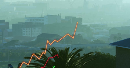 Image of diagram moving over cityscape. Global technology and digital interface concept digitally...