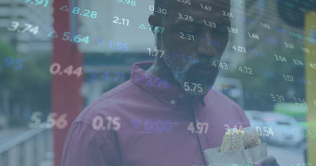 Image of financial data processing over african american man eating. Global finance, business,...