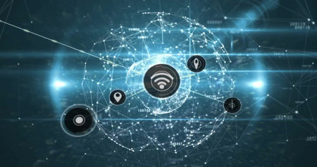 Image of network of connections with icons over globe. Global business and digital interface concept...