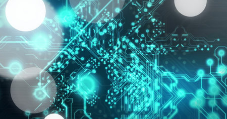Image of white spots over network of connections. Technology, shapes and digital interface concept...
