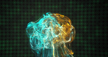 Image of green and orange shapes over green spots. Technology, shapes and digital interface concept...