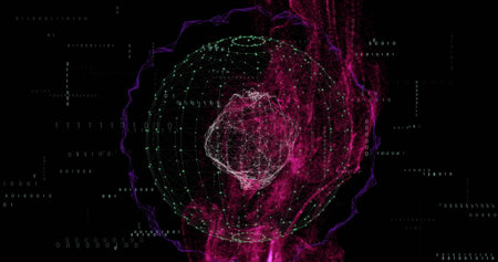 Image of data processing and globe on black background. Technology, shapes and digital interface...