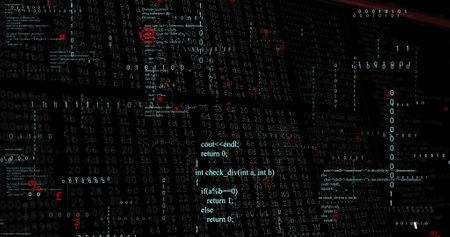 Binary code and data analysis image over dark background with red highlights. Technology, digital,...