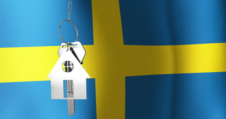 Image of silver house key over waving flag of sweden. Home, house ownership, property and business concept digitally generated image.の写真素材