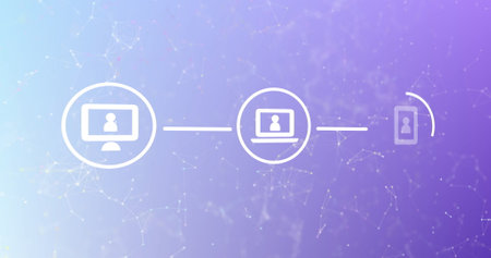 Image of network of connections with icons over purple background. Global connections, computing and data processing concept digitally generated image.の写真素材
