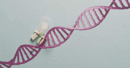 Image of dna strand spinning over pills on white background. Global science, connections, computing...