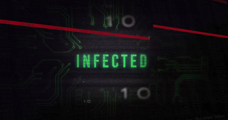 Image of infected text and digital data processing over black background. Global cyber security, connections, computing and data processing concept digitally generated image.の写真素材