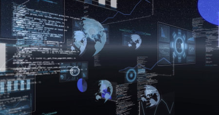 Image of data processing and diagrams over globes. Technology, business and digital interface...