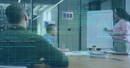 Image of data processing over diverse colleagues having meeting in office. Global business,...