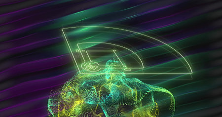 Image of shapes over light trails on black background. Global technology, light, shapes and digital...
