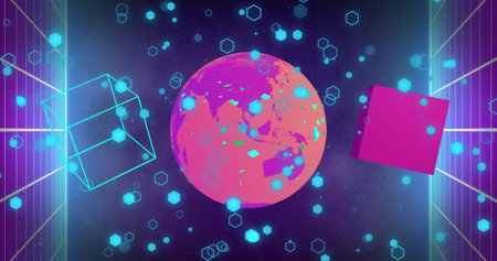 Image of globe and shapes moving on black background. Social media and digital interface concept digitally generated image.の写真素材