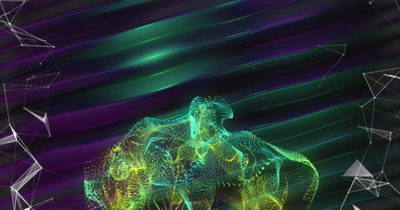 Image of network of connections and shapes over light trails on black background. Global technology,...
