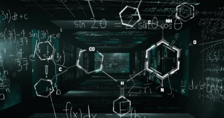 Image of element diagrams and mathematical equations over large interface screens. Data, connection,...