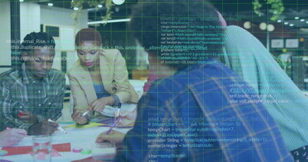 Image of data processing over diverse colleagues having meeting in office. Global business,...