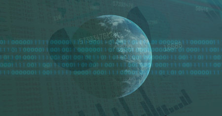 Image of binary coding and data processing over globe. Global connections, computing and data...