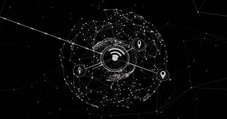 Image of network of connections with icons over globe. Global business and digital interface concept...