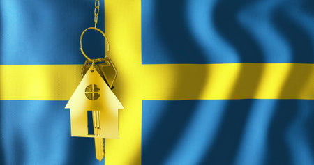 Image of golden house key over waving flag of sweden. Home, house ownership, property and business concept digitally generated image.の写真素材