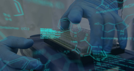 Image of scientific data processing over hands of scientist in laboratory. Global science, connections, computing and data processing concept digitally generated image.の写真素材