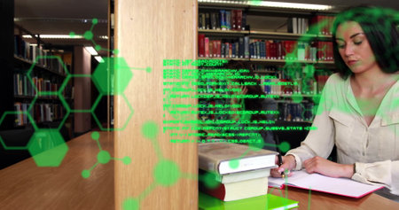 Image of data processing and chemical formula over caucasian female student reading in library....