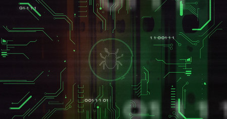 Image of bug icon over data processing and server room. Technology and digital interface concept...
