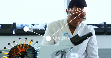 Image of data processing and shapes over biracial female scientist doing experiment. Science and...