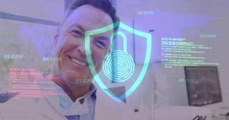 Image of data processing with padlock icon over caucasian male doctor using tablet in hospital....