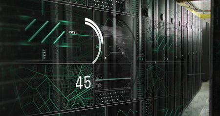 Image of data processing over globe and server room. Technology and digital interface concept...